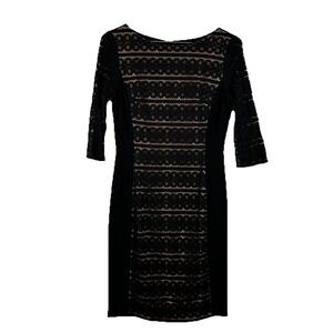 Anne‎ Klein Black Lace Gothic Midi Dress Nude Lining Dark Romance Size 8